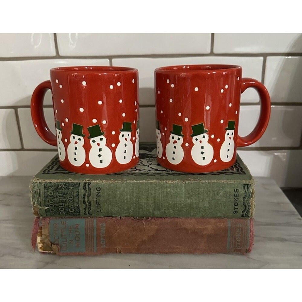 Waechtersbach Red Many Snowman Ceramic Mugs Set of 2 Christmas Germany Holiday